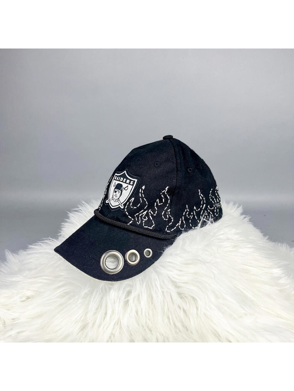 Reworked Oakland Raiders Hat, Hand Embroidered Flames, Grommets, Distressing